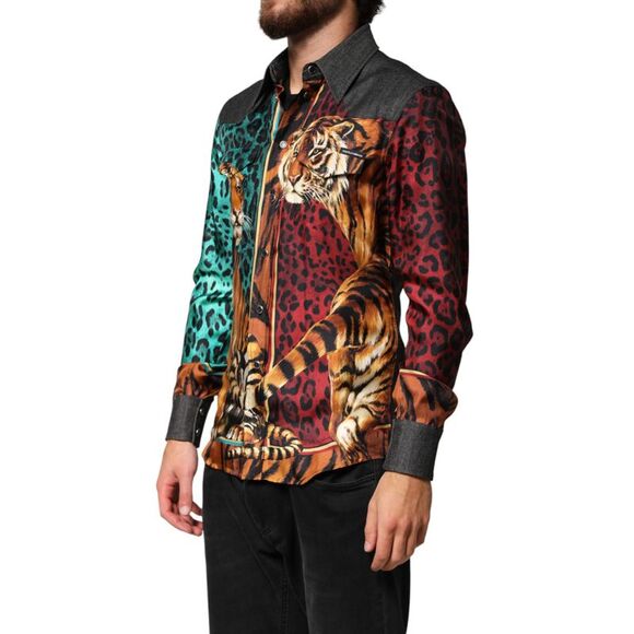 Dolce & Gabbana Multicolor Tiger Leopard Print Silk Men Men's Shirt